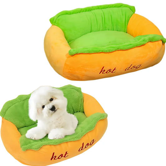 Hot Dog Hundebett - 3D Brötchen-Design mit Memory Foam & Kissen