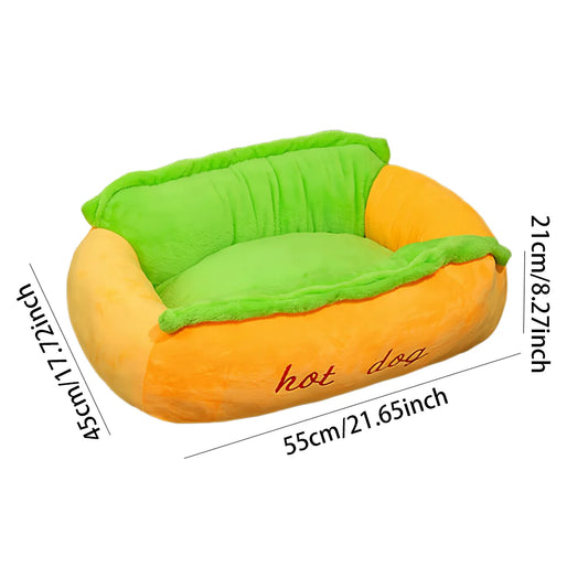 Hot Dog Hundebett - 3D Brötchen-Design mit Memory Foam & Kissen